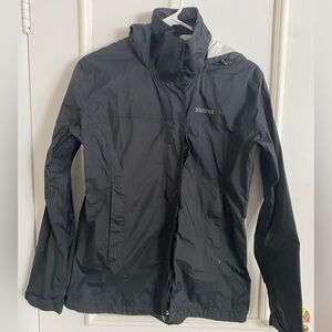 Light weight black Marmot rain jacket, great for camping/backpacking